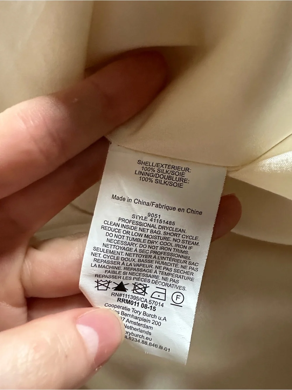 Tory Burch 100% Silk Cream Embellished V-Neck Long Sleeve Dress Size 12